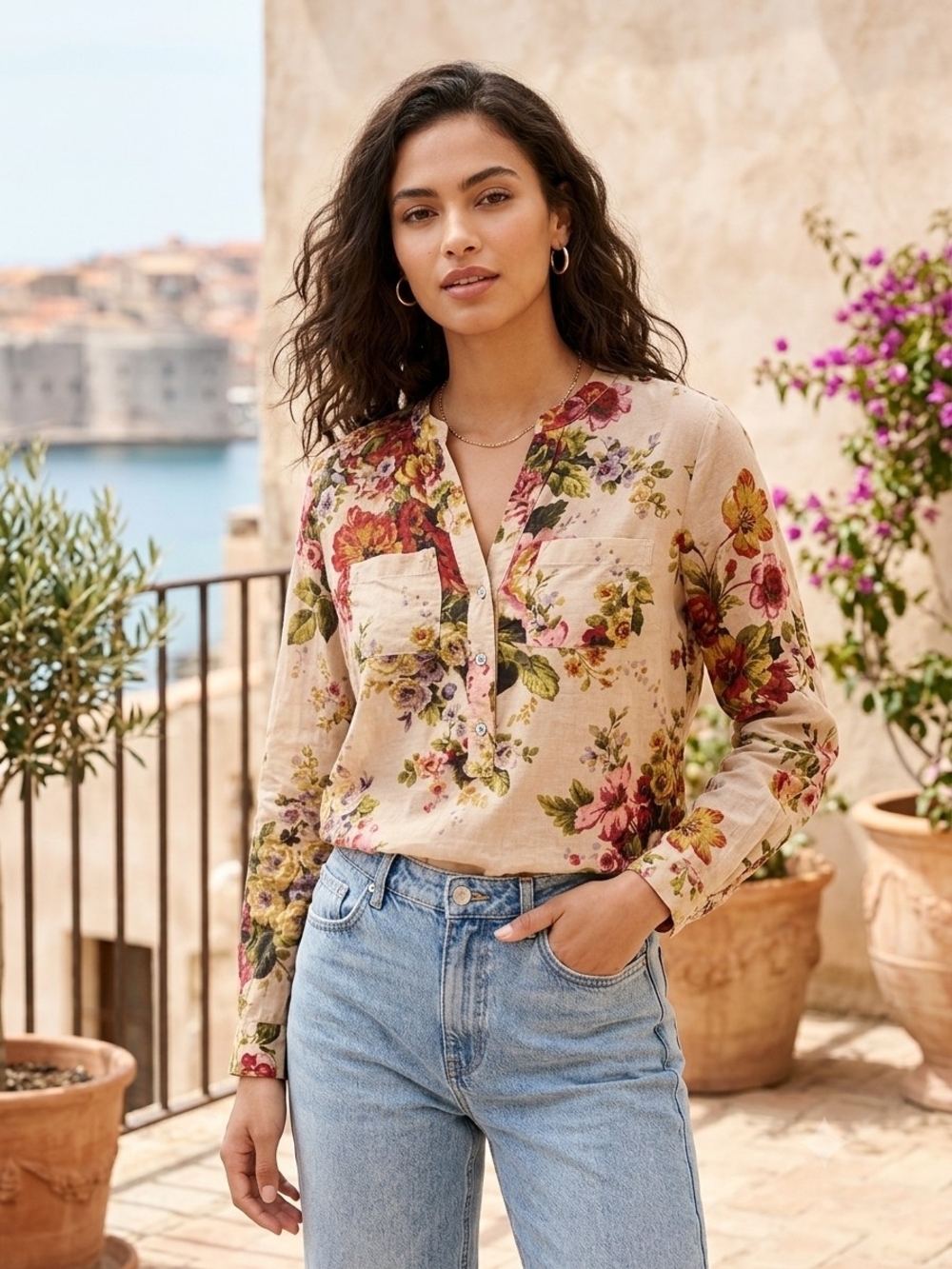 J. Jill Floral Beige Button-Front Blouse